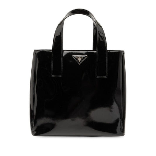 Prada Triangle Logo Plate Handbag Tote Bag Black Patent Leather Women Prada