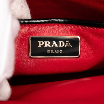 Prada Triangle Logo Plate Handbag Tote Bag Black Patent Leather Women Prada