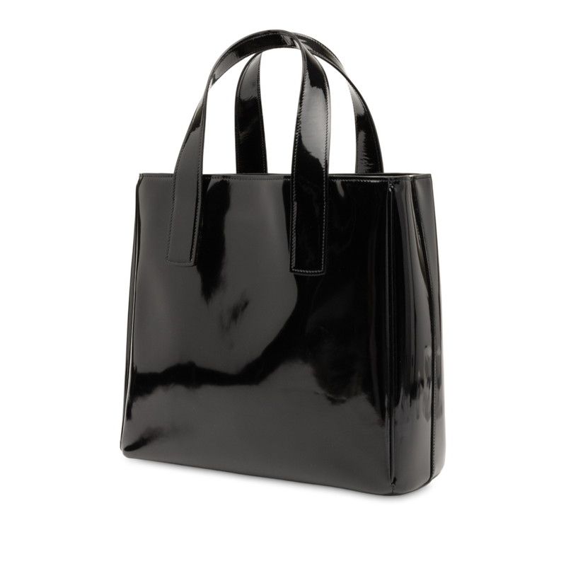 Prada Triangle Logo Plate Handbag Tote Bag Black Patent Leather Women Prada