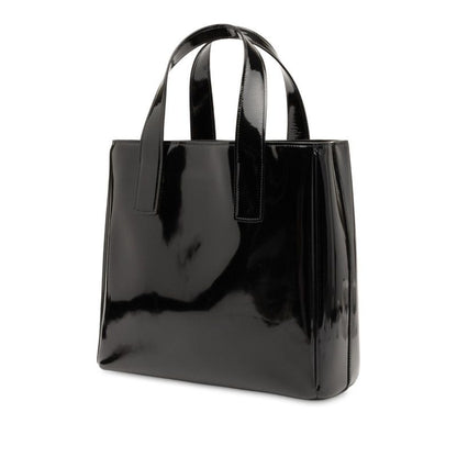 Prada Triangle Logo Plate Handbag Tote Bag Black Patent Leather Women Prada