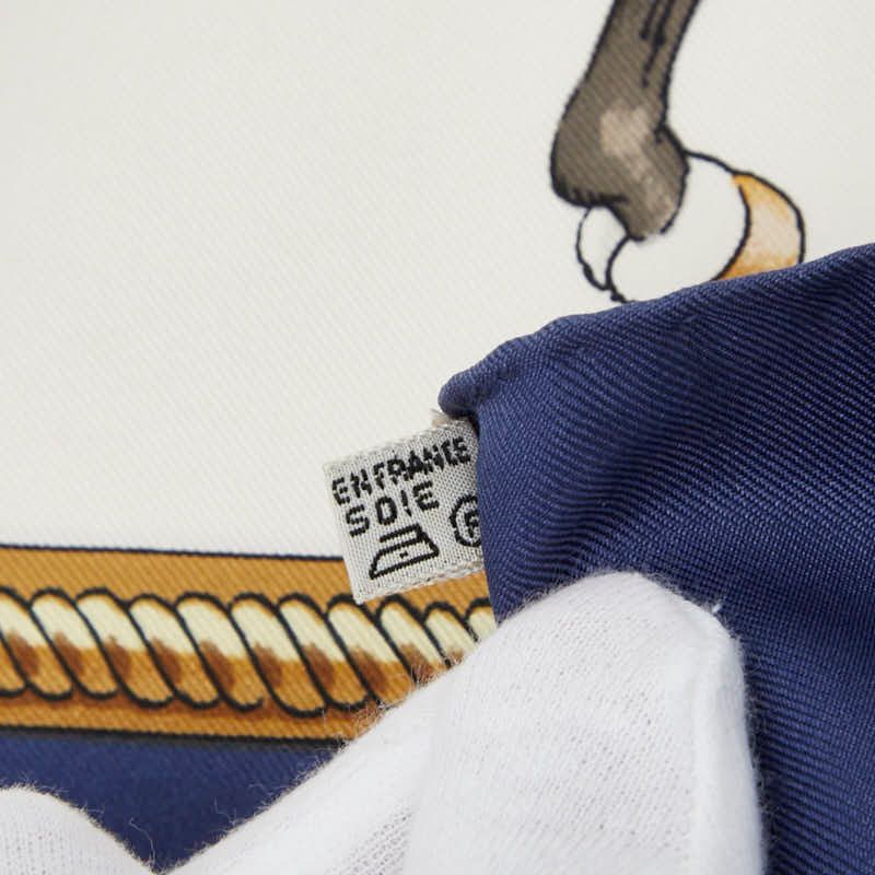Hermes Carre 90 Reprise Riding Landscape Beige Navy Multicolor Silk Women Hermes