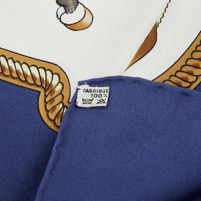 Hermes Carre 90 Reprise Riding Landscape Beige Navy Multicolor Silk Women Hermes