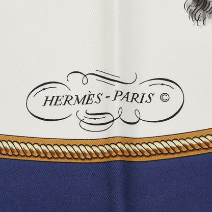 Hermes Carre 90 Reprise Riding Landscape Beige Navy Multicolor Silk Women Hermes