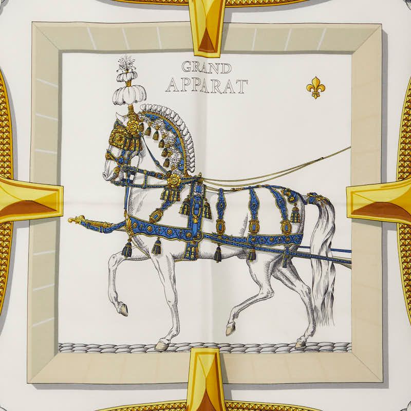 Hermes Carre 90 TRES Grand Apparat Dressing Horse Beige Navy Multicolor Silk
