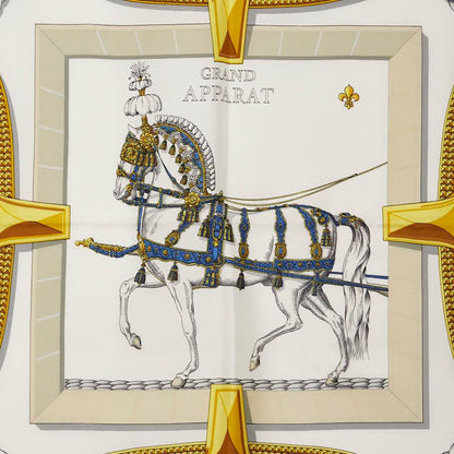 Hermes Carre 90 TRES Grand Apparat Dressing Horse Beige Navy Multicolor Silk