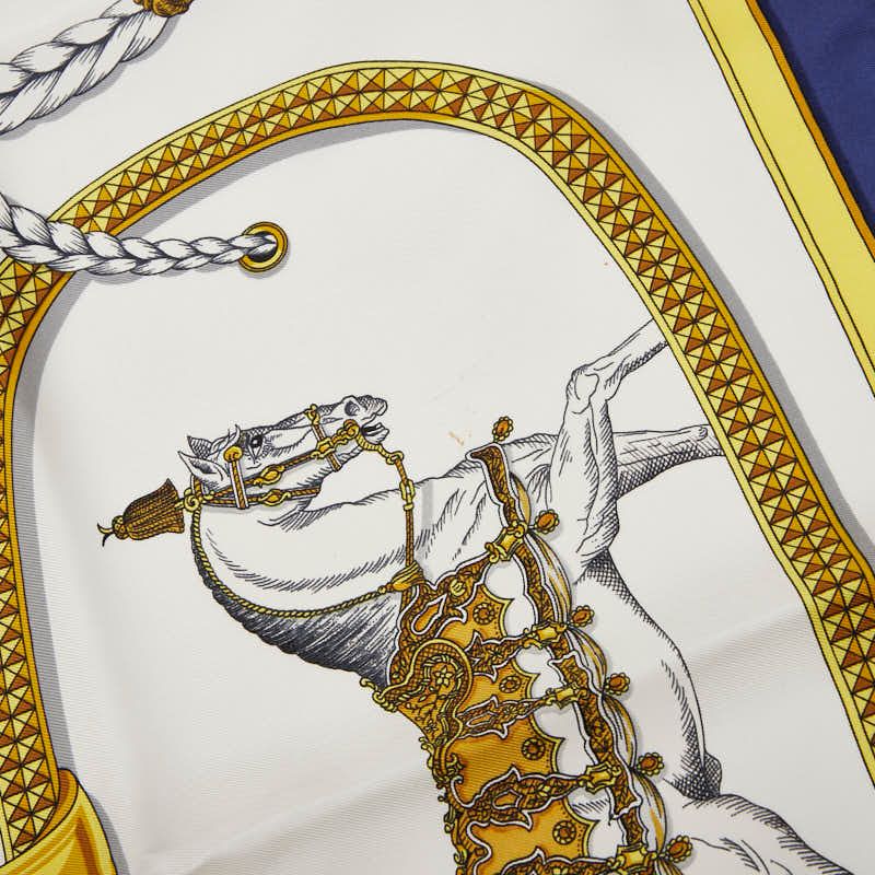 Hermes Carre 90 TRES Grand Apparat Dressing Horse Beige Navy Multicolor Silk