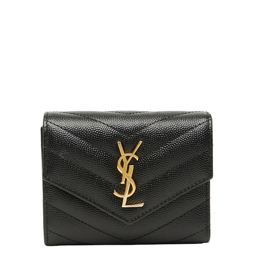 Saint Laurent YSL Cassandra Trifold Compact Wallet 692061 Black Leather Women