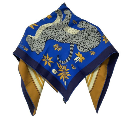 Hermes Scarf Carré 90 Ivory×blue×multi LES Leopards Modernes