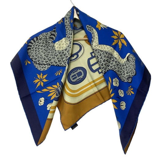 Hermes Scarf Carré 90 Ivory×blue×multi LES Leopards Modernes