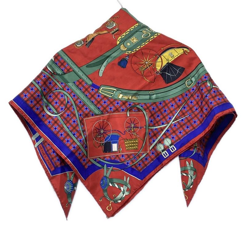 Hermes Scarf Carré 90 Red × Green × Multi Les Voitures Nouveiies