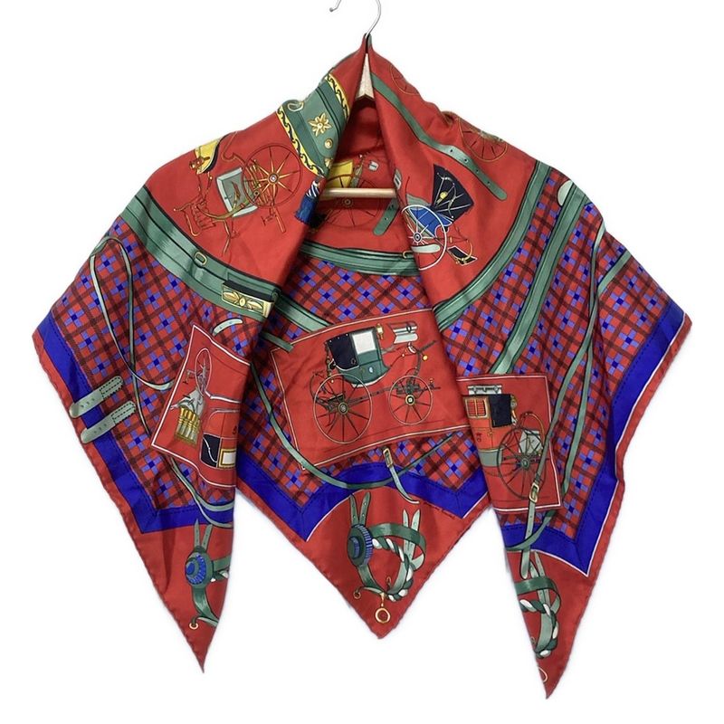 Hermes Scarf Carré 90 Red × Green × Multi Les Voitures Nouveiies