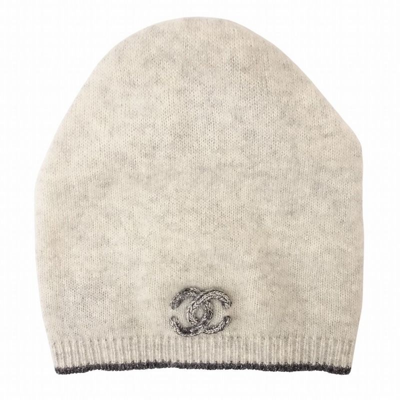 Chanel Cashmere Coco Logo Knit Cap Beanie Hat Light Gray Men Women