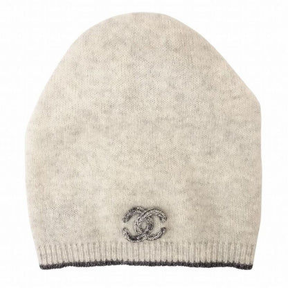 Chanel Cashmere Coco Logo Knit Cap Beanie Hat Light Gray Men Women