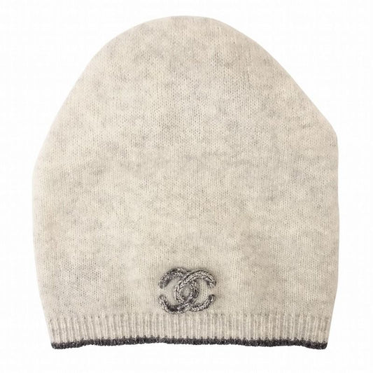 Chanel Cashmere Coco Logo Knit Cap Beanie Hat Light Gray Men Women