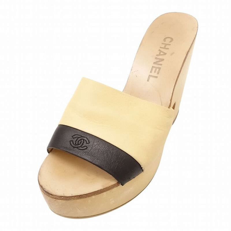 Chanel Bicolor Coco Mark Platform Mules Sandals Wood Sole 37 23.5cm (9.25in)