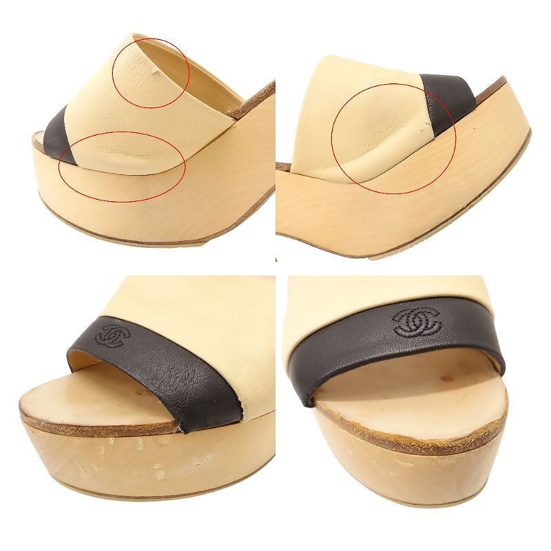 Chanel Bicolor Coco Mark Platform Mules Sandals Wood Sole 37 23.5cm (9.25in)