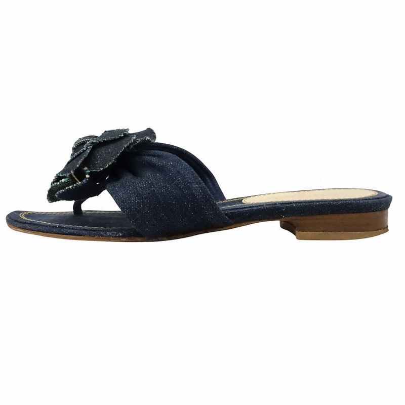 Chanel Denim Camellia Sandals Mules Logo Rivet Button Indigo Shoes Size 35.5