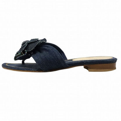 Chanel Denim Camellia Sandals Mules Logo Rivet Button Indigo Shoes Size 35.5