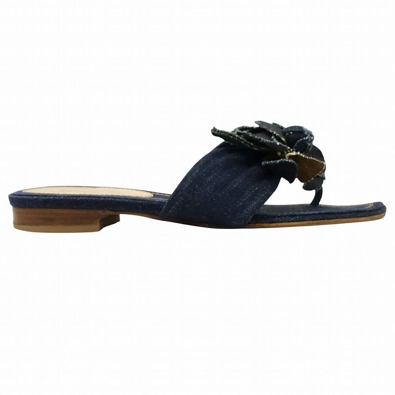 Chanel Denim Camellia Sandals Mules Logo Rivet Button Indigo Shoes Size 35.5