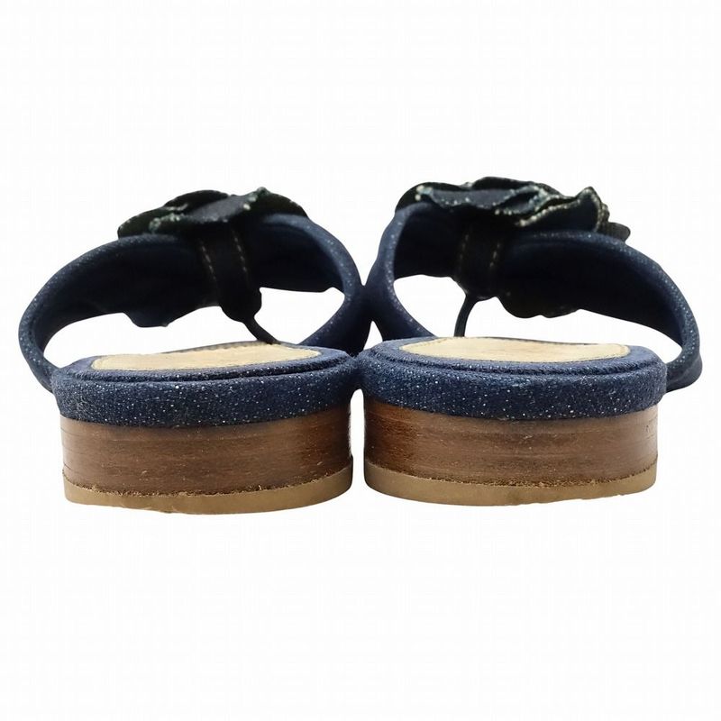 Chanel Denim Camellia Sandals Mules Logo Rivet Button Indigo Shoes Size 35.5