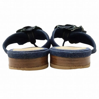Chanel Denim Camellia Sandals Mules Logo Rivet Button Indigo Shoes Size 35.5
