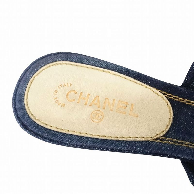 Chanel Denim Camellia Sandals Mules Logo Rivet Button Indigo Shoes Size 35.5