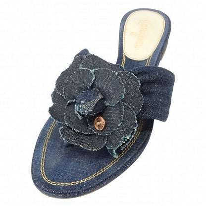 Chanel Denim Camellia Sandals Mules Logo Rivet Button Indigo Shoes Size 35.5