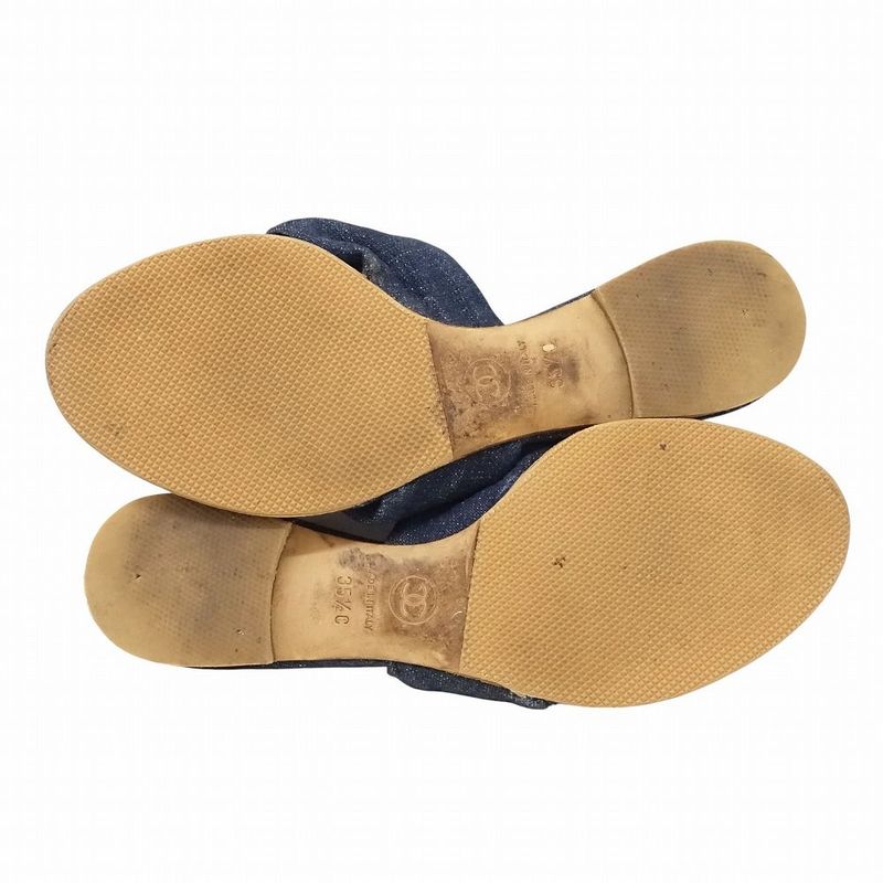 Chanel Denim Camellia Sandals Mules Logo Rivet Button Indigo Shoes Size 35.5