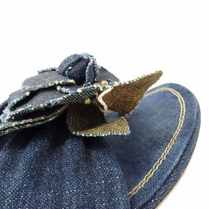 Chanel Denim Camellia Sandals Mules Logo Rivet Button Indigo Shoes Size 35.5