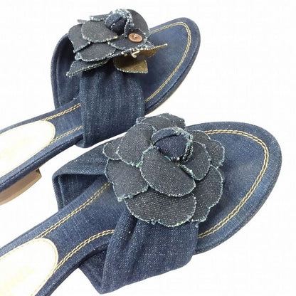 Chanel Denim Camellia Sandals Mules Logo Rivet Button Indigo Shoes Size 35.5