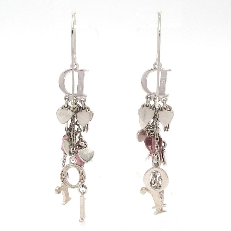 Dior/christian Dior Earrings Silver And Pink Rhinestones / Logo / Heart