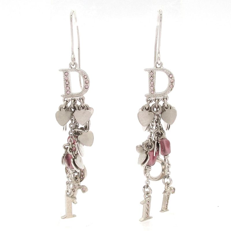 Dior/christian Dior Earrings Silver And Pink Rhinestones / Logo / Heart