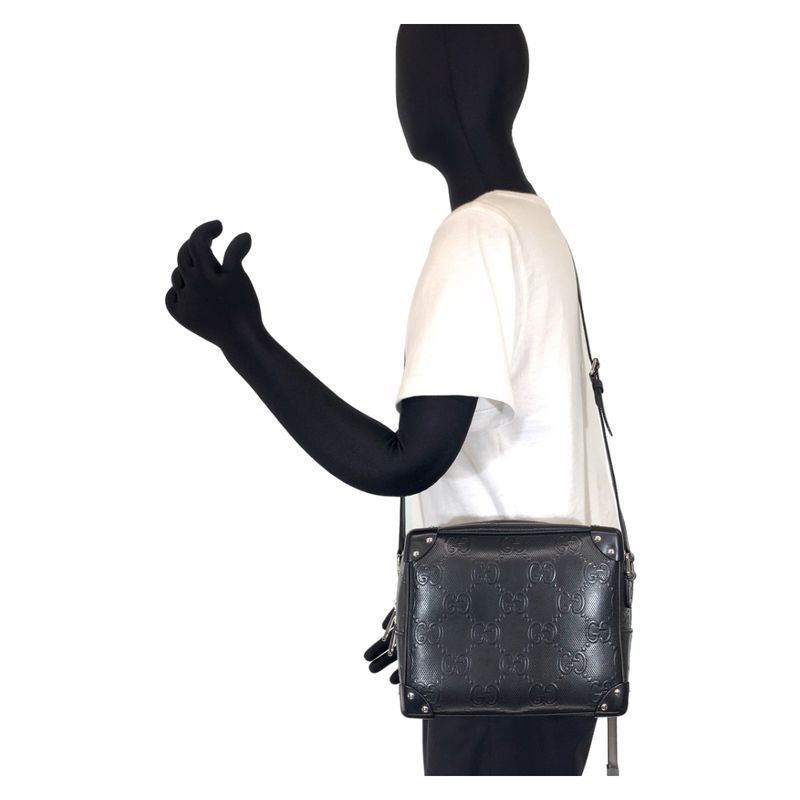 Gucci GG Embossed Black Silver Hardware Leather 626363 Crossbody Shoulder Bag