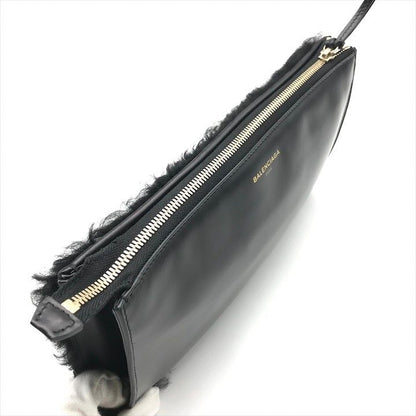 Balenciaga Logo Leather Farm Mouton Clutch Second Black