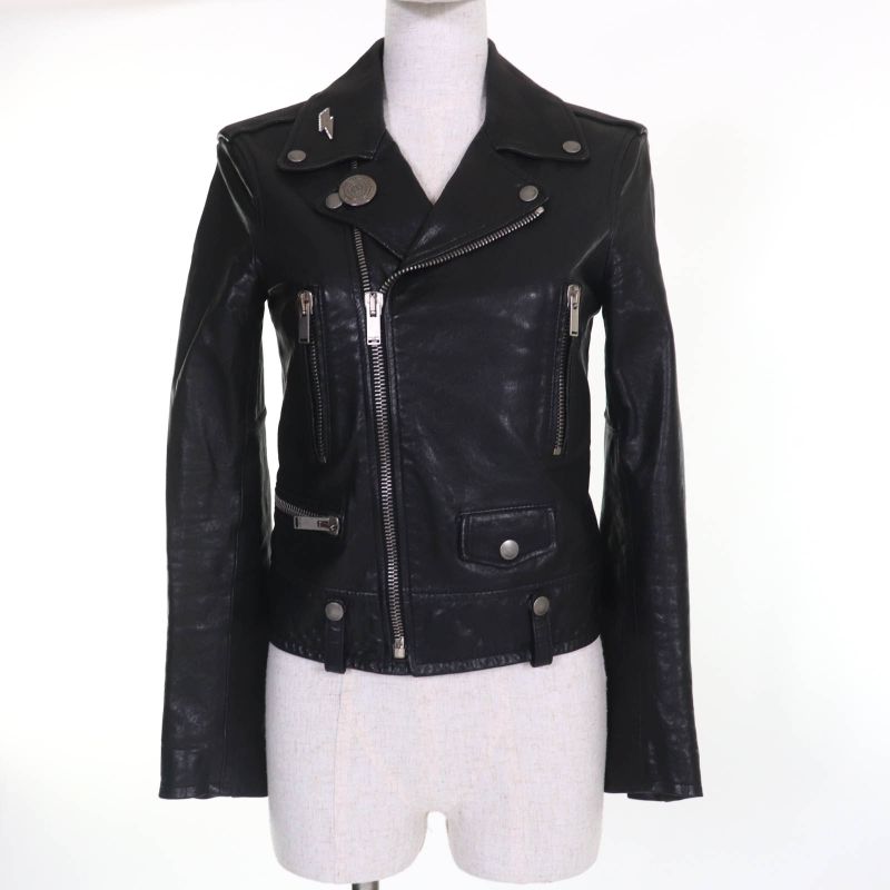 Saint Laurent Paris 506798 Lamb Leather Double Riders Jacket Black Silver