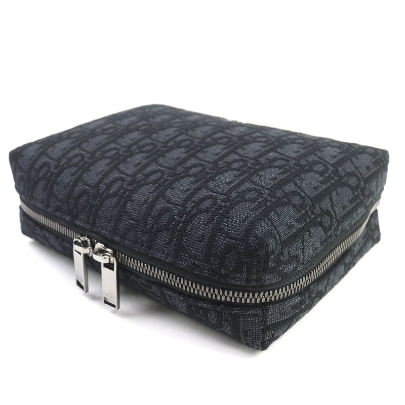 DIOR Christian DIOR Canvas Logo Hardware Leather Use Oblique Canvas Round Zip Pouch Black