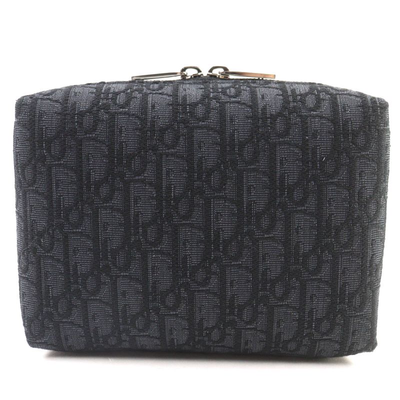 DIOR Christian DIOR Canvas Logo Hardware Leather Use Oblique Canvas Round Zip Pouch Black