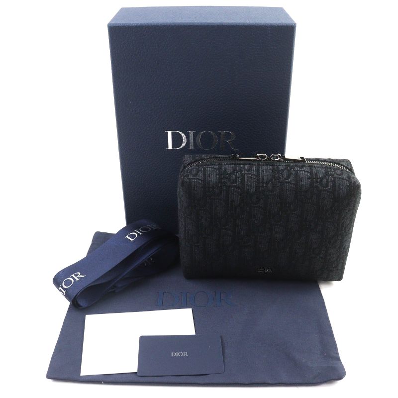 DIOR Christian DIOR Canvas Logo Hardware Leather Use Oblique Canvas Round Zip Pouch Black