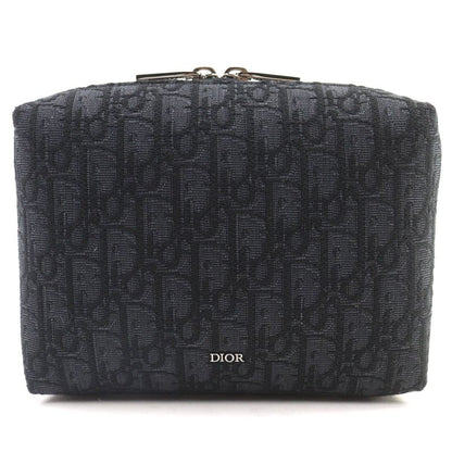 DIOR Christian DIOR Canvas Logo Hardware Leather Use Oblique Canvas Round Zip Pouch Black