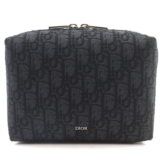 DIOR Christian DIOR Canvas Logo Hardware Leather Use Oblique Canvas Round Zip Pouch Black