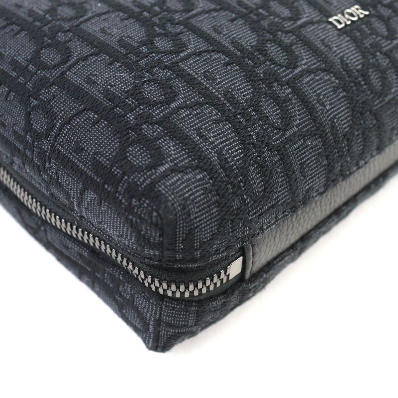 DIOR Christian DIOR Canvas Logo Hardware Leather Use Oblique Canvas Round Zip Pouch Black