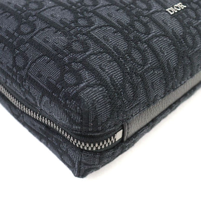 DIOR Christian DIOR Canvas Logo Hardware Leather Use Oblique Canvas Round Zip Pouch Black