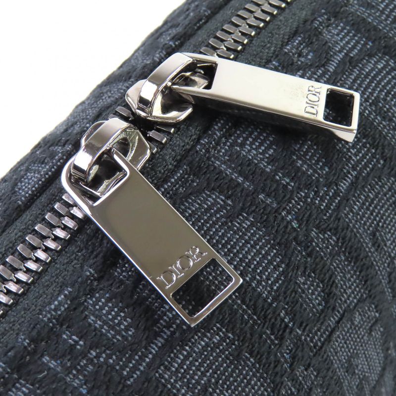 DIOR Christian DIOR Canvas Logo Hardware Leather Use Oblique Canvas Round Zip Pouch Black