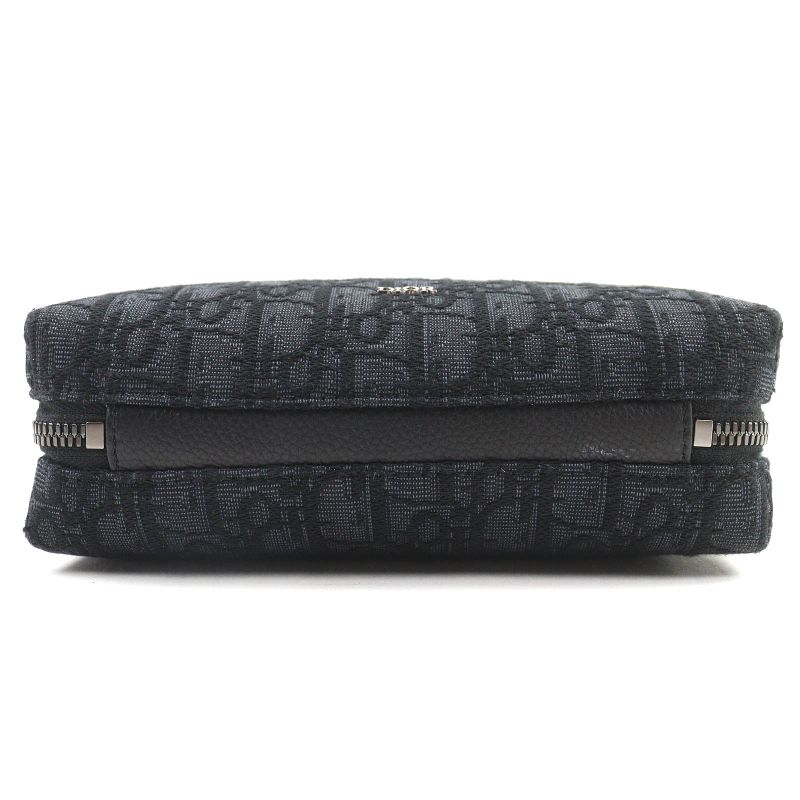 DIOR Christian DIOR Canvas Logo Hardware Leather Use Oblique Canvas Round Zip Pouch Black