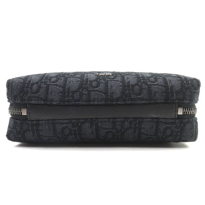 DIOR Christian DIOR Canvas Logo Hardware Leather Use Oblique Canvas Round Zip Pouch Black