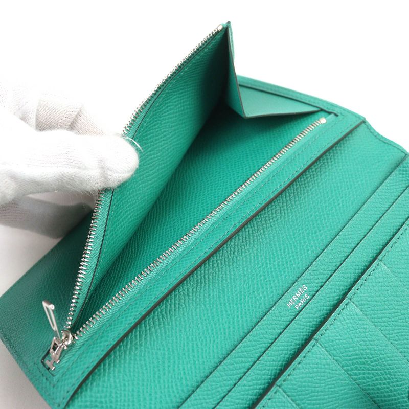 Hermes Bearn Souffle Vaux Epson Vert Jade Silver Hardware H Logo Long Wallet