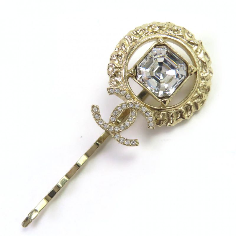CHANEL 22C Coco Mark Rhinestone Bijoux Hairpin Hair Accessory Gold With Box