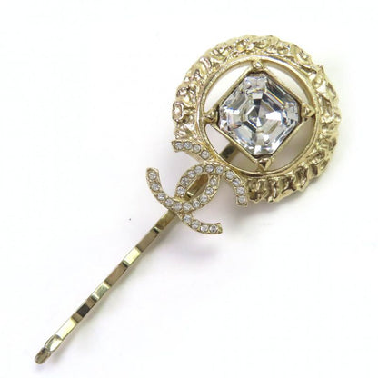 CHANEL 22C Coco Mark Rhinestone Bijoux Hairpin Hair Accessory Gold With Box