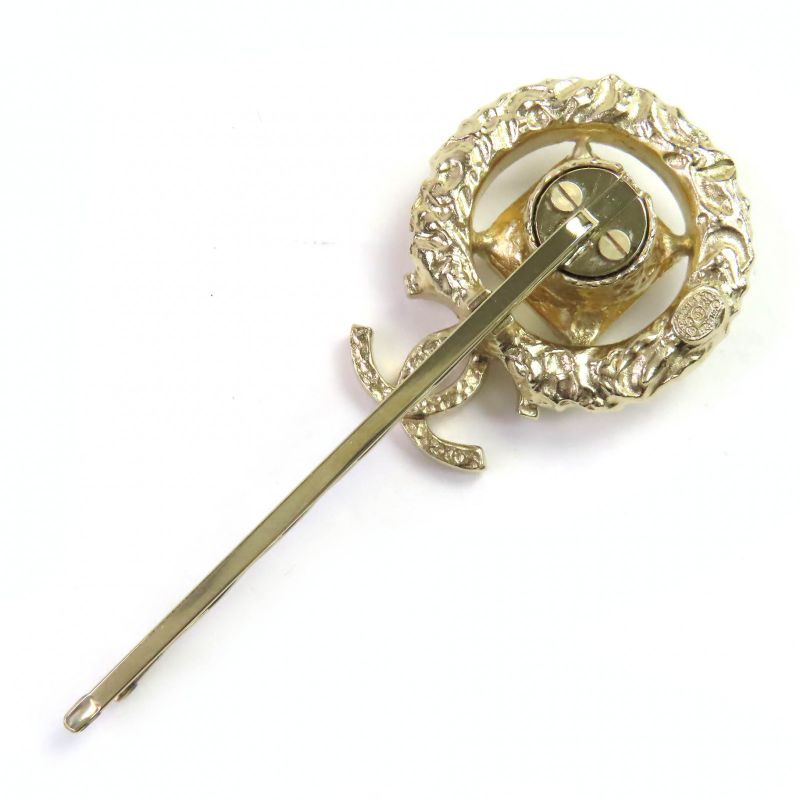 CHANEL 22C Coco Mark Rhinestone Bijoux Hairpin Hair Accessory Gold With Box