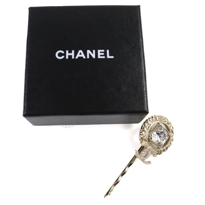 CHANEL 22C Coco Mark Rhinestone Bijoux Hairpin Hair Accessory Gold With Box